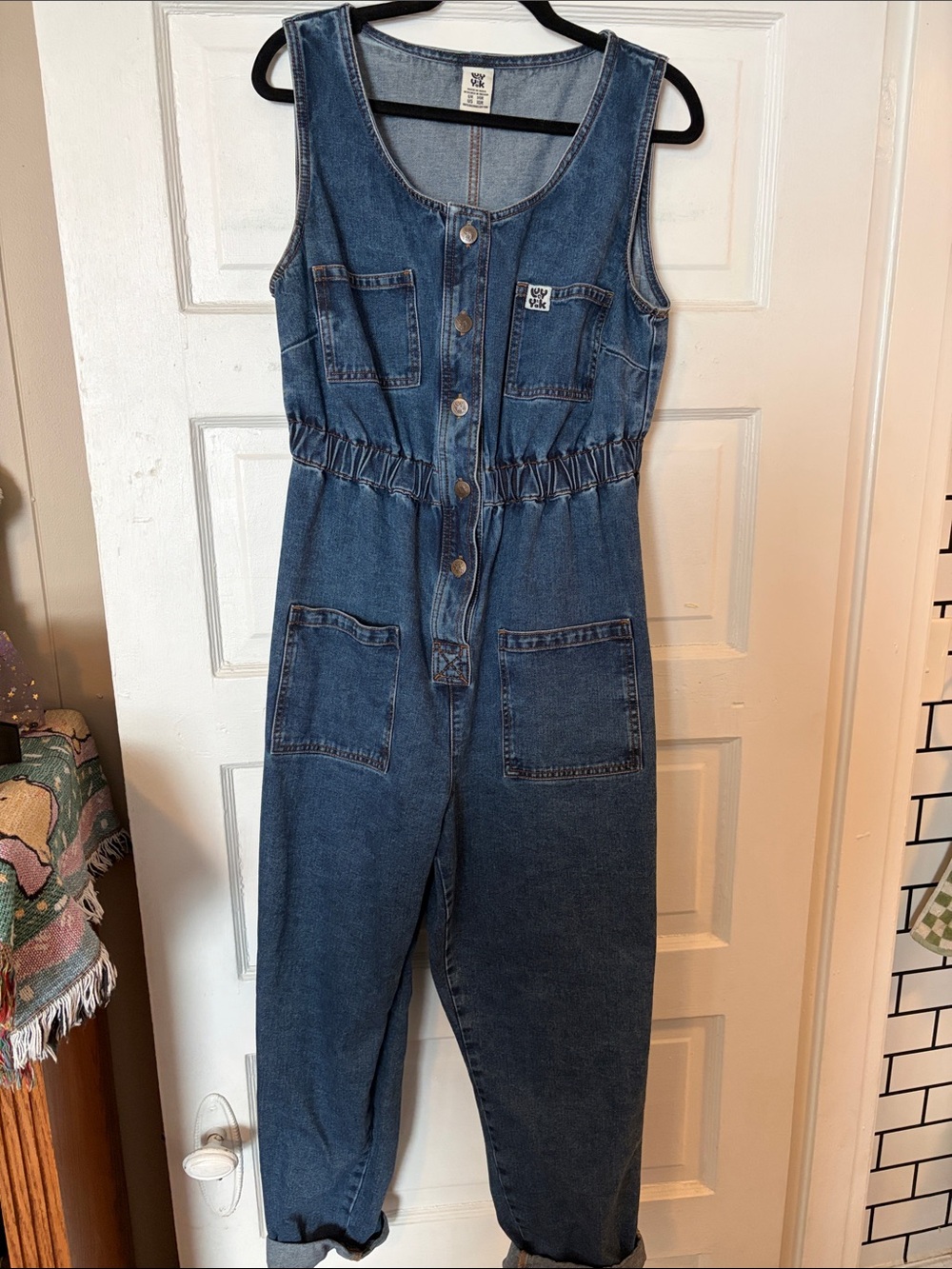 Button-Front Denim Jumpsuit - Blue